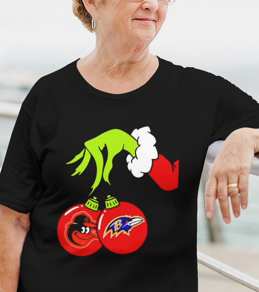 Grinch Hand Holding Baltimore Ravens And Orioles Christmas Ornaments T-Shirt