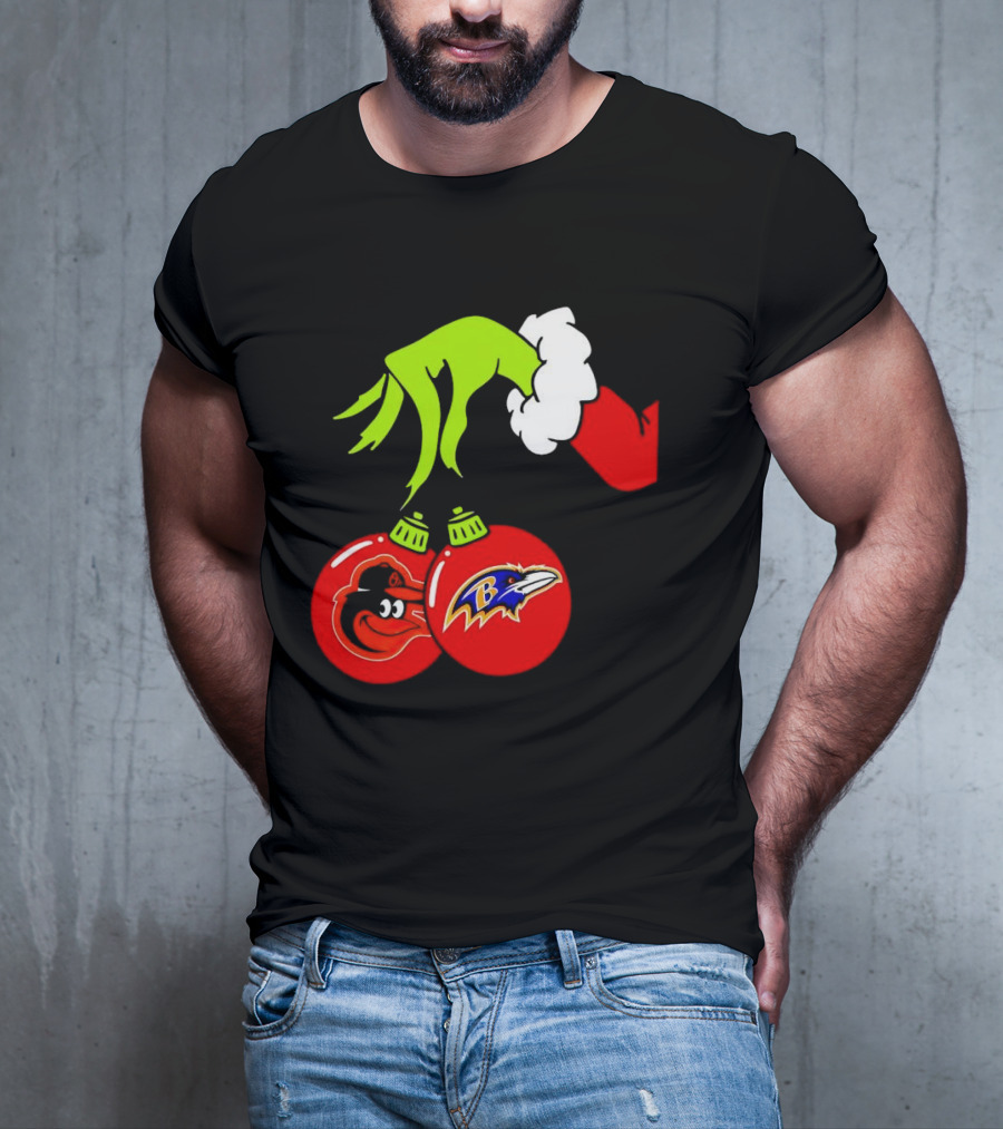 Grinch Hand Holding Baltimore Ravens And Orioles Christmas Ornaments T-Shirt