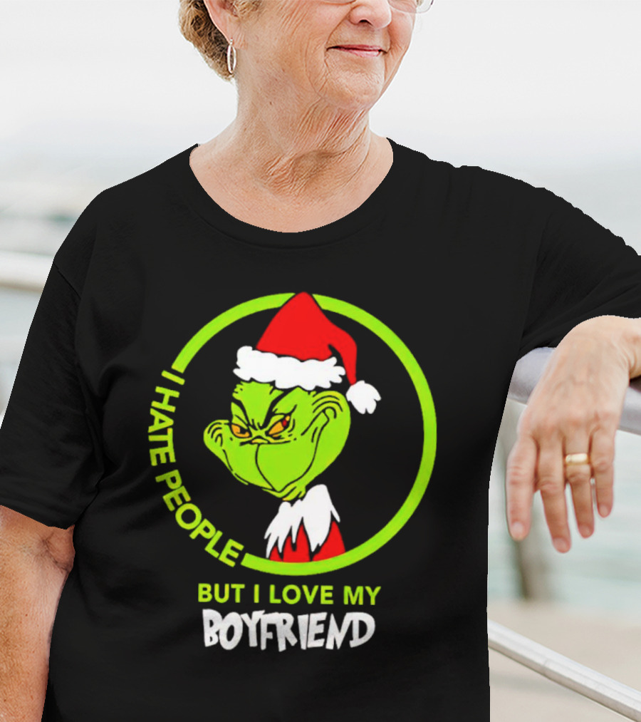 Grinch I Hate People But I Love My Boyfriend Christmas Santa Hat T-Shirt