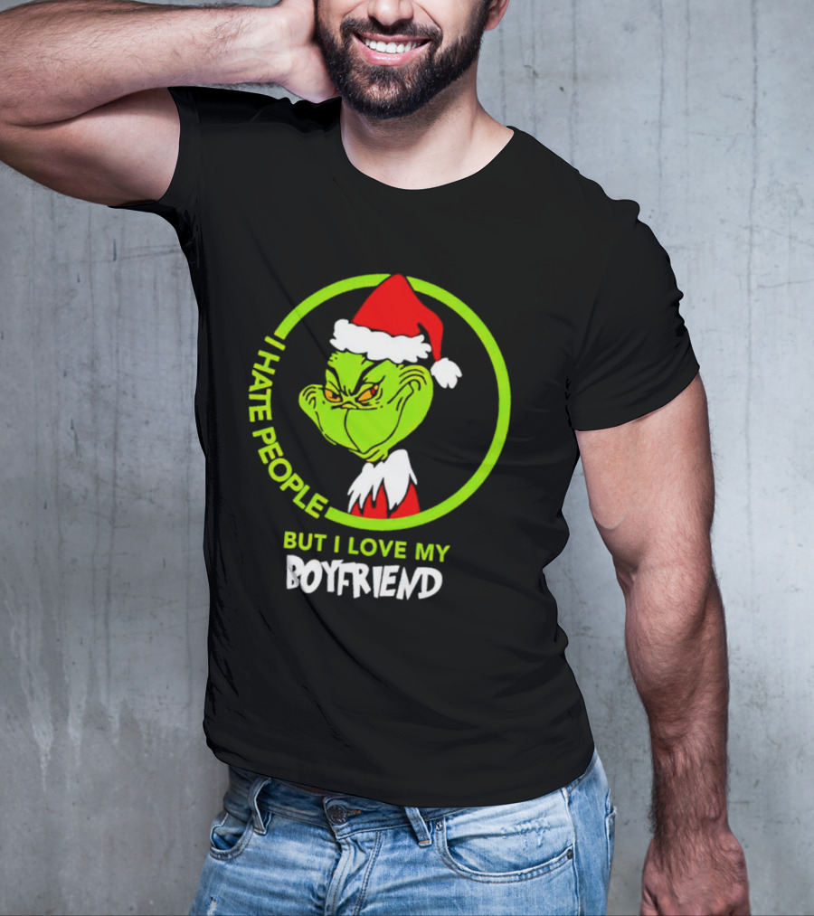 Grinch I Hate People But I Love My Boyfriend Christmas Santa Hat T-Shirt