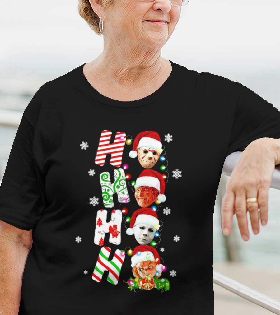 Ho Ho Ho Horror Movies Characters Christmas Snowflakes Santa Hats T-Shirt