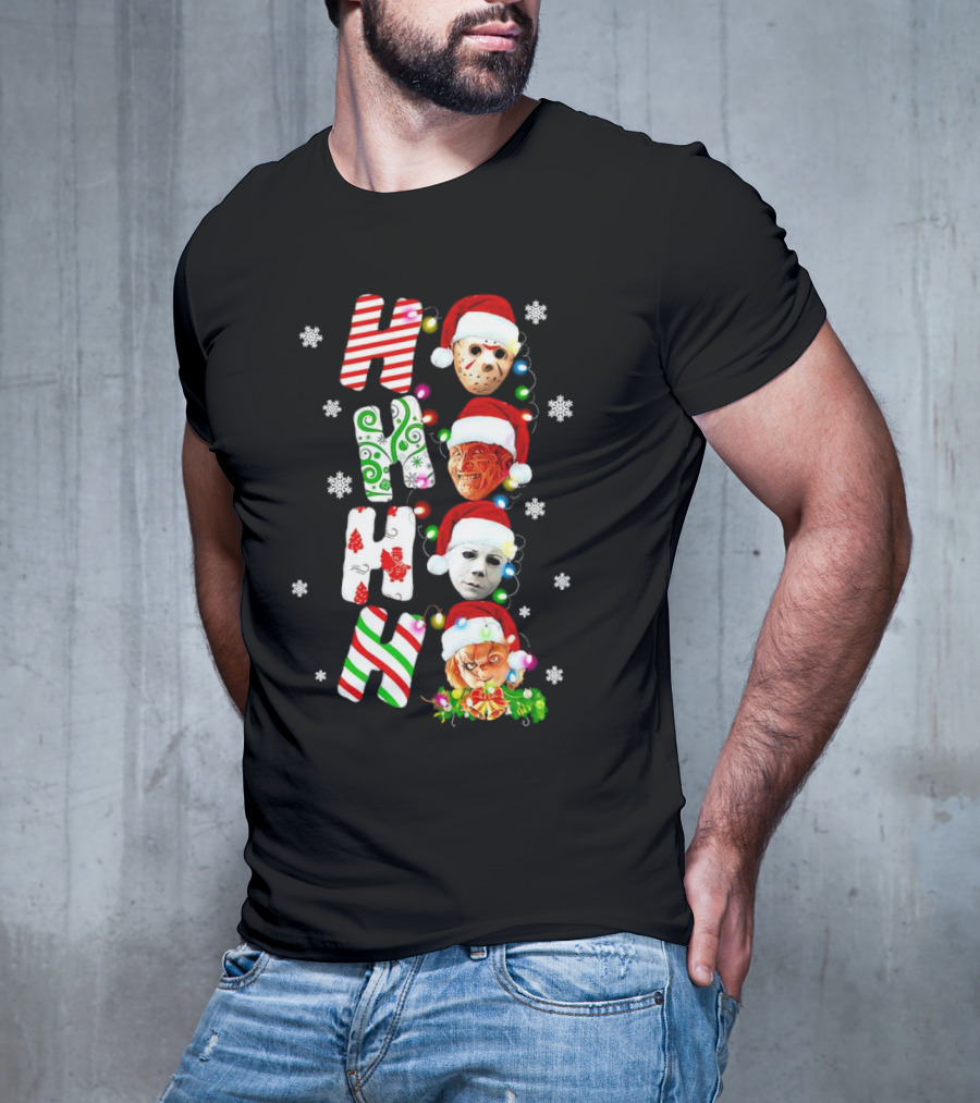 Ho Ho Ho Horror Movies Characters Christmas Snowflakes Santa Hats T-Shirt