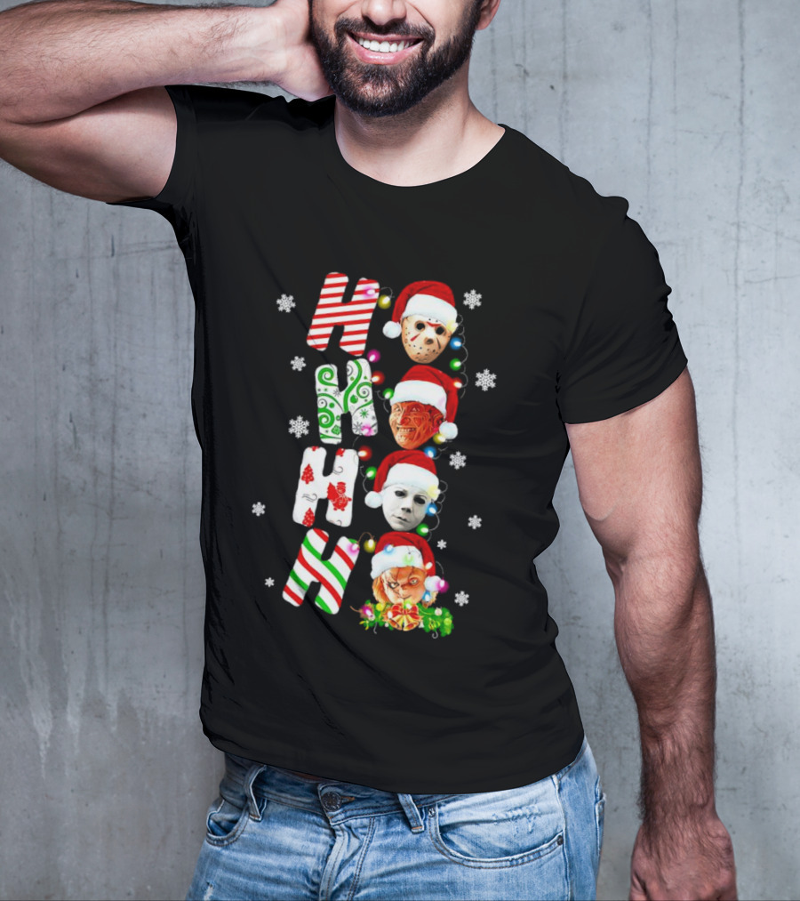 Ho Ho Ho Horror Movies Characters Christmas Snowflakes Santa Hats T-Shirt