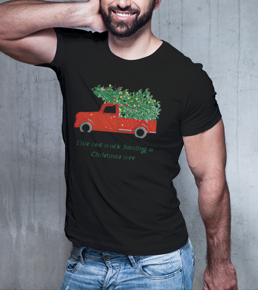 Little Red Truck Hauling Christmas Tree Festive Vintage Holiday Scene T-Shirt