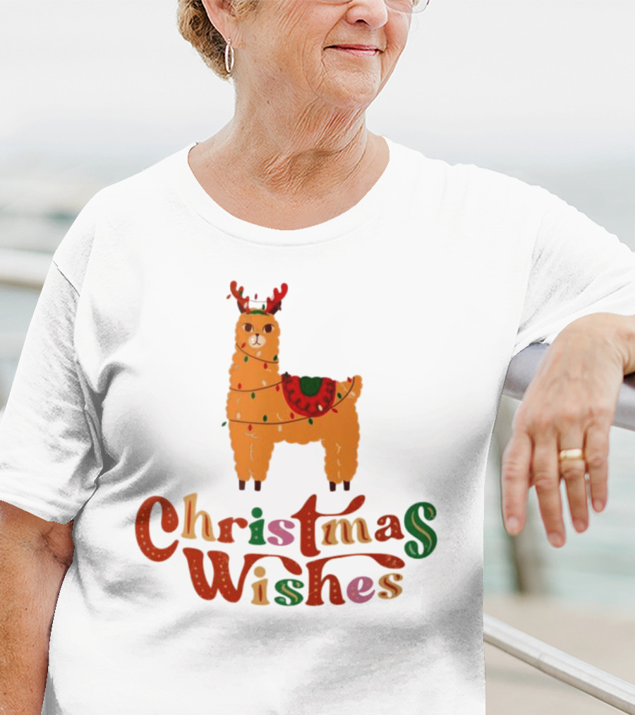 Christmas Wishes Llama Reindeer With Lights T-Shirt