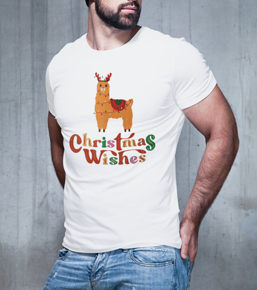 Christmas Wishes Llama Reindeer With Lights T-Shirt