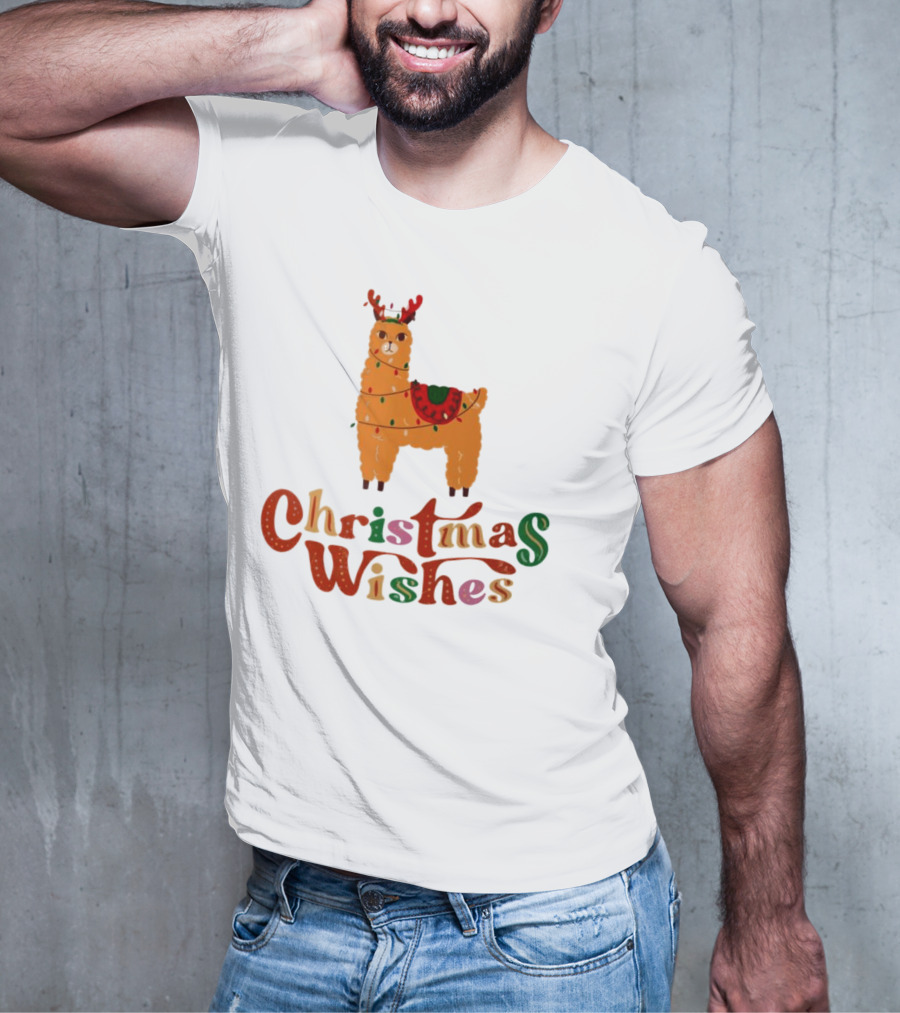 Christmas Wishes Llama Reindeer With Lights T-Shirt