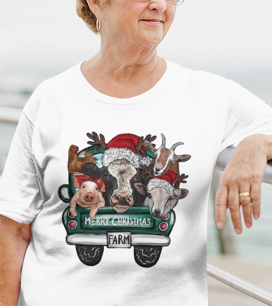 Merry Christmas Farm Animals In Holiday Truck T-Shirt