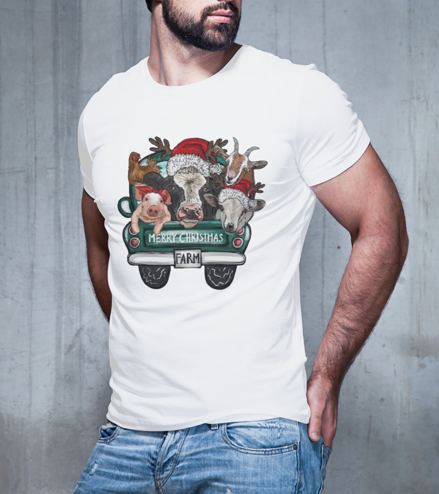Merry Christmas Farm Animals In Holiday Truck T-Shirt