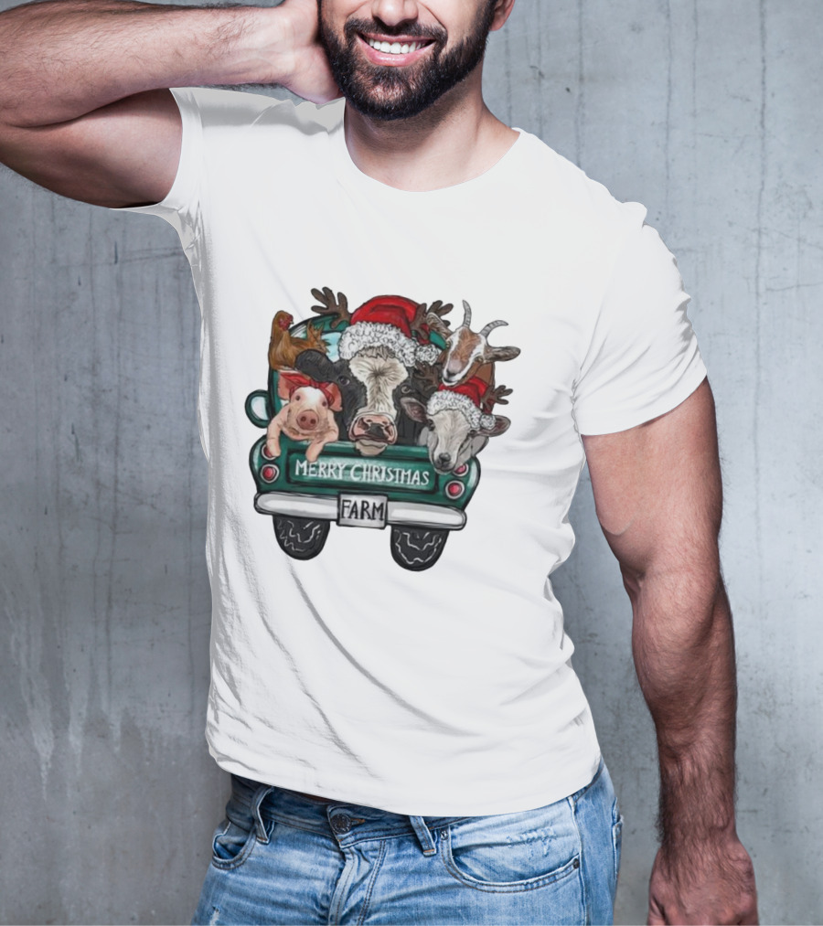 Merry Christmas Farm Animals In Holiday Truck T-Shirt