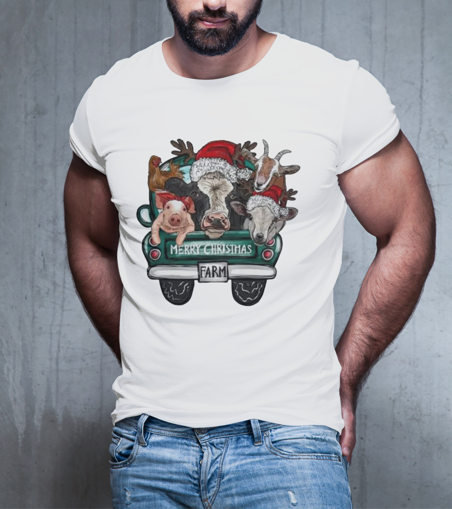 Merry Christmas Farm Animals In Holiday Truck T-Shirt