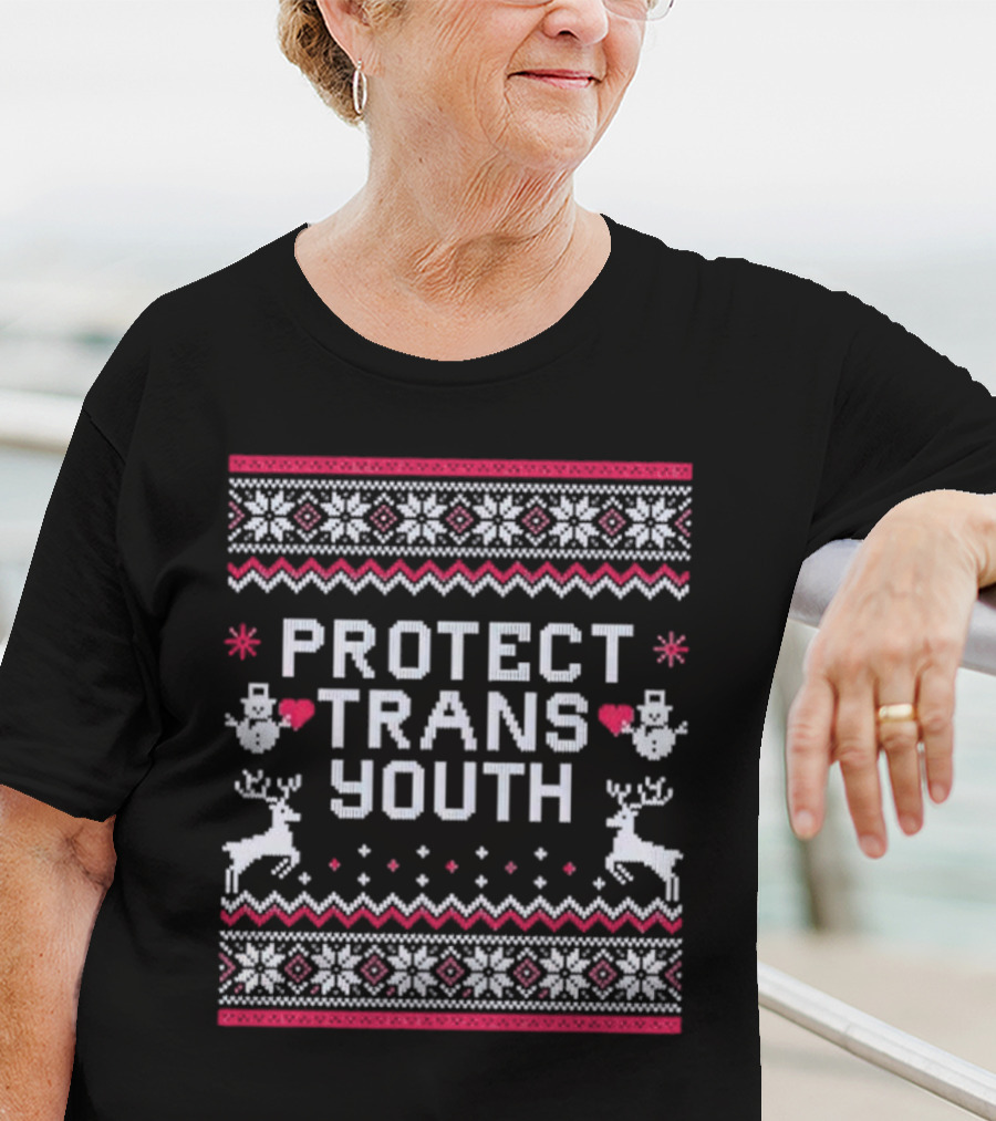 PROTECT TRANS YOUTH Snowflakes Reindeer Hearts Snowmen T-Shirt