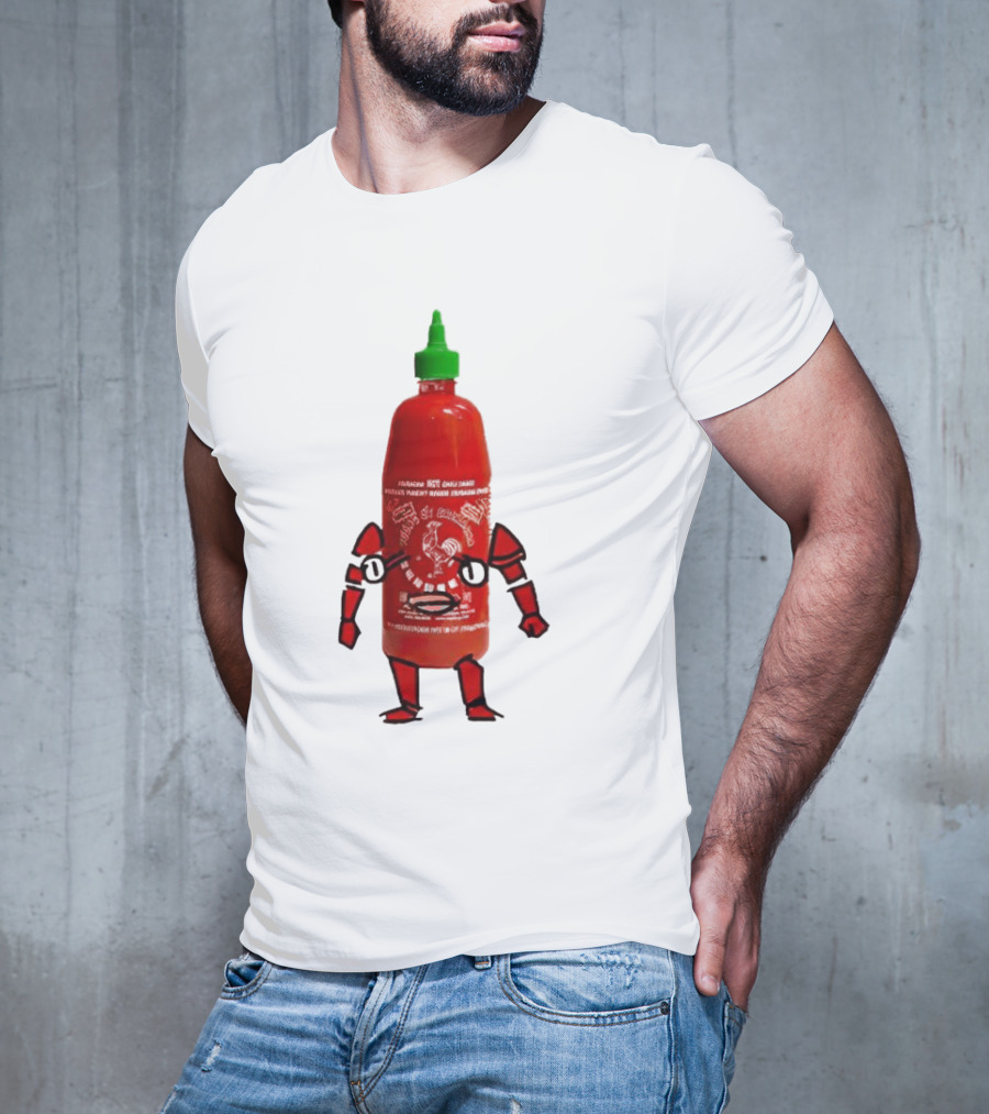 Sriracha Sauce Animated Bottle Character With Green Cap T-Shirt