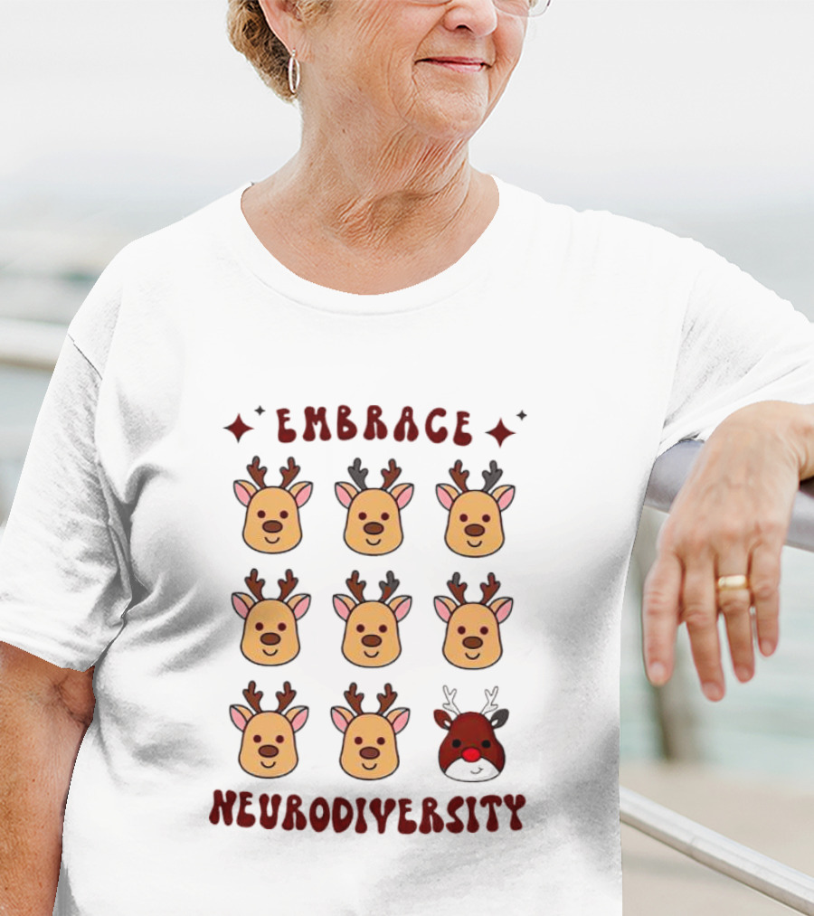 Embrace Neurodiversity Reindeer Faces Red Nose T-Shirt