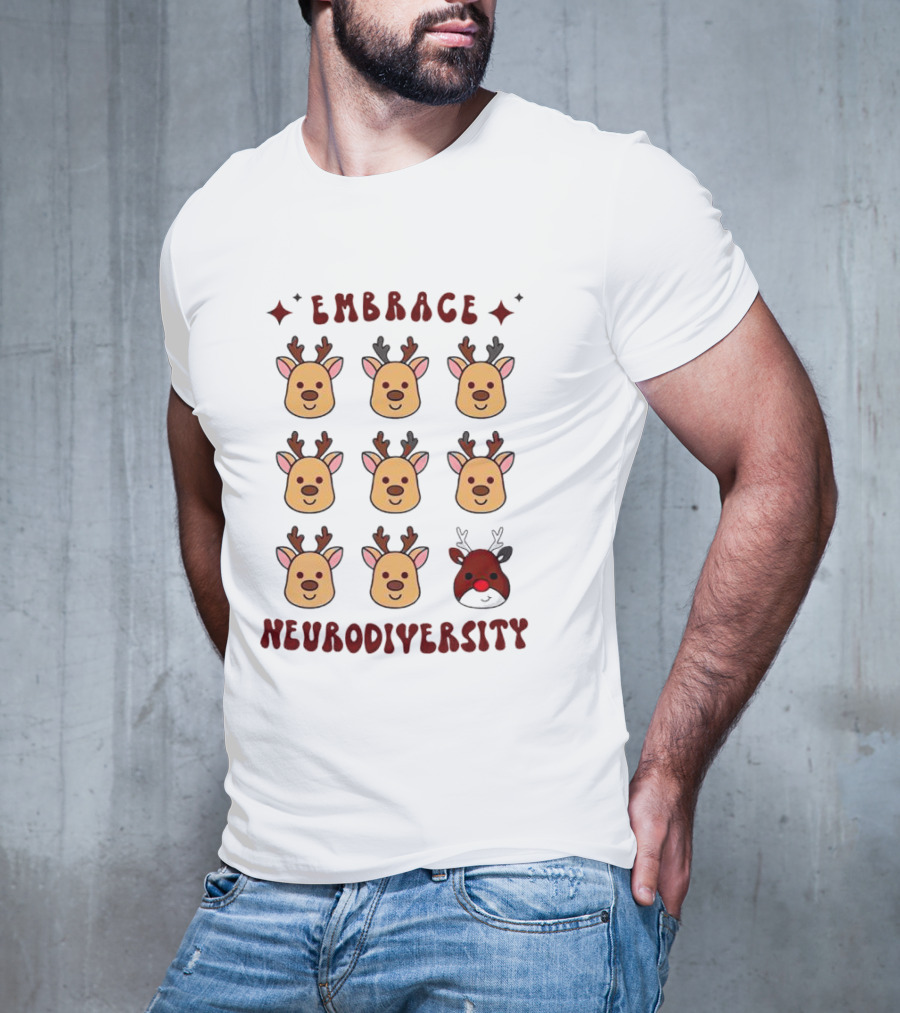 Embrace Neurodiversity Reindeer Faces Red Nose T-Shirt