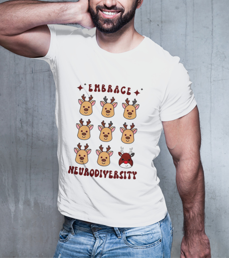 Embrace Neurodiversity Reindeer Faces Red Nose T-Shirt