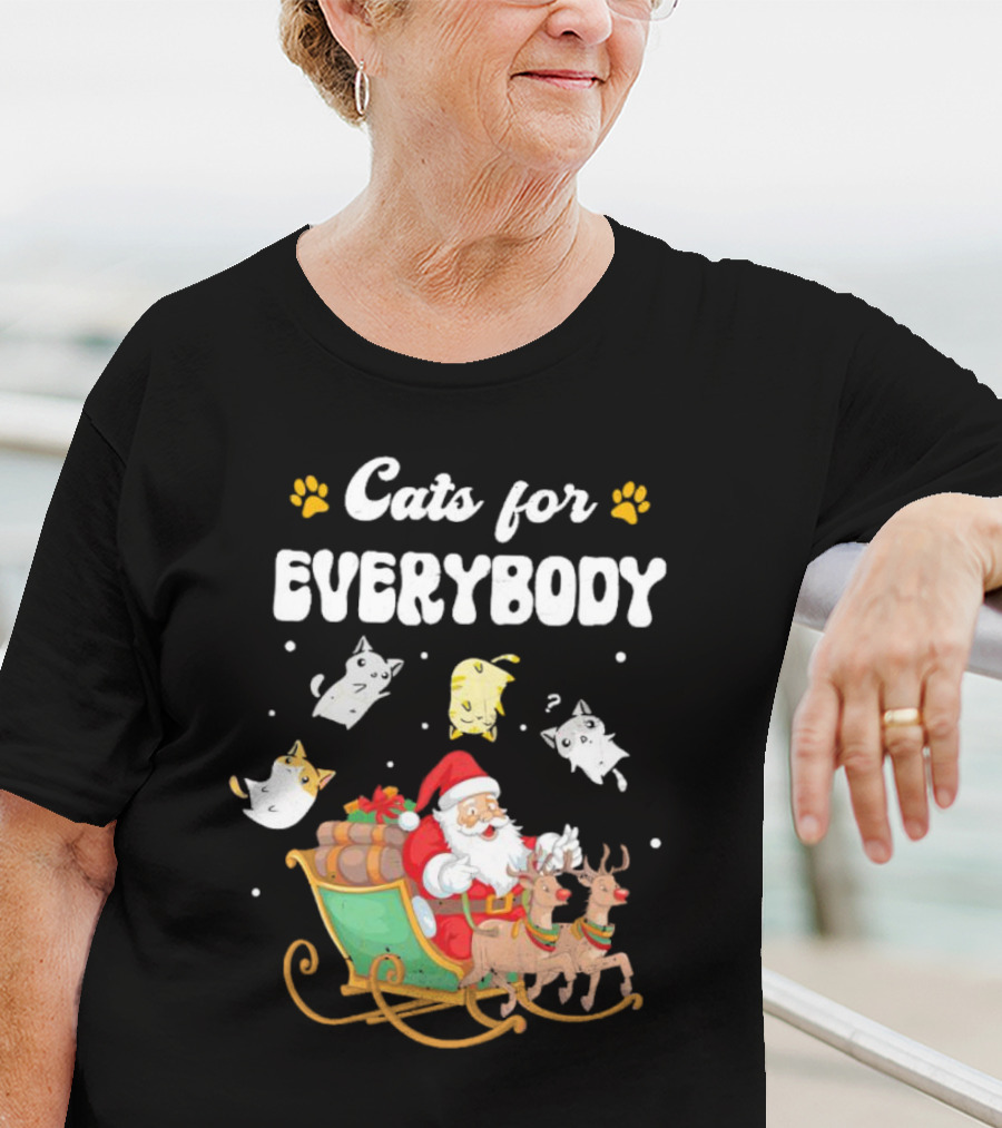 Santa With Flying Cats And Reindeer Sleigh For Everybody Christmas T-Shirt