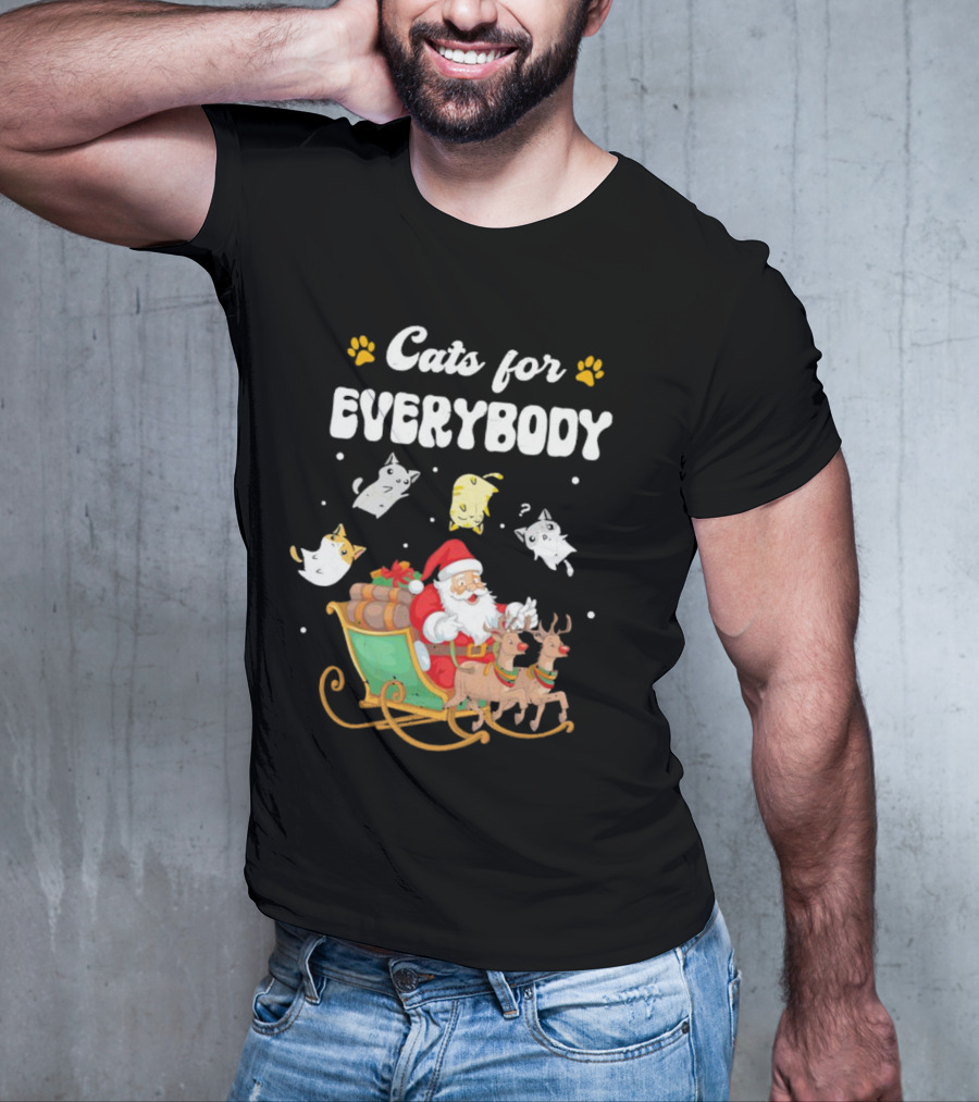 Santa With Flying Cats And Reindeer Sleigh For Everybody Christmas T-Shirt