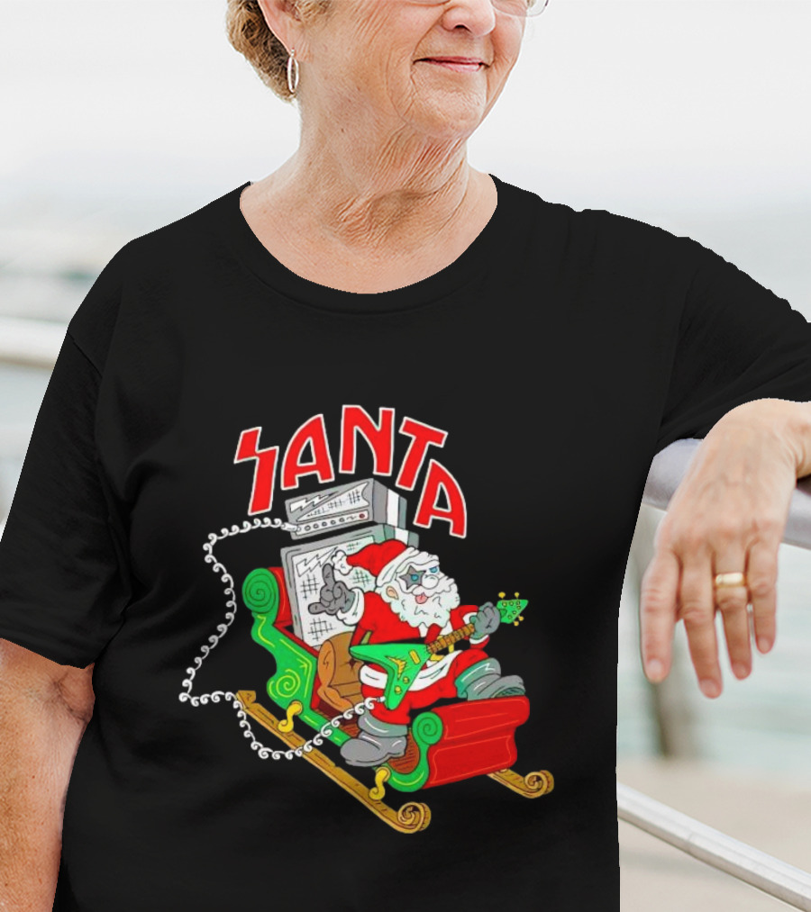 Santa Rocks Sleigh With Guitar And Amps Christmas T-Shirt