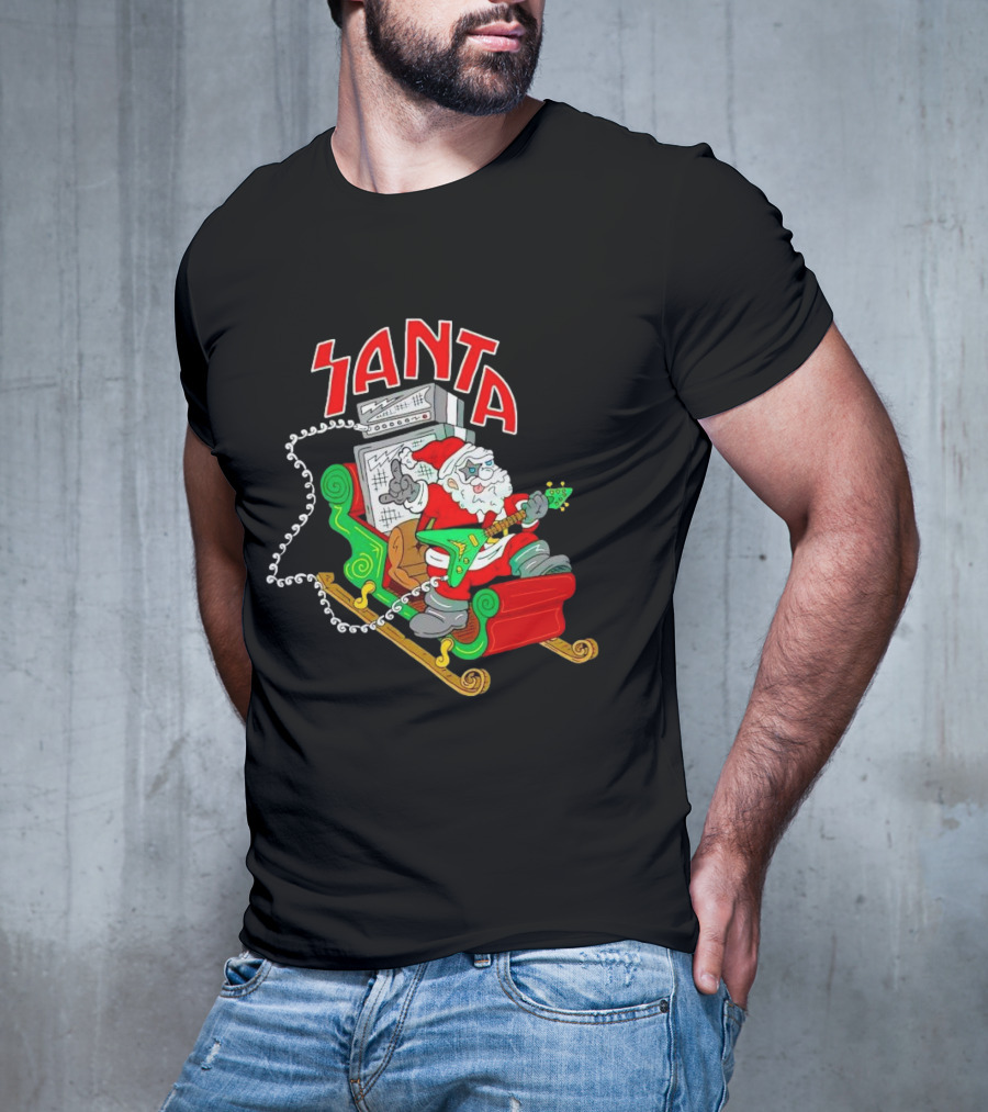 Santa Rocks Sleigh With Guitar And Amps Christmas T-Shirt