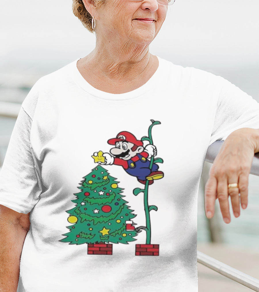 Super Mario Decorating Christmas Tree With Power-Up Star And Brick Blocks T-Shirt