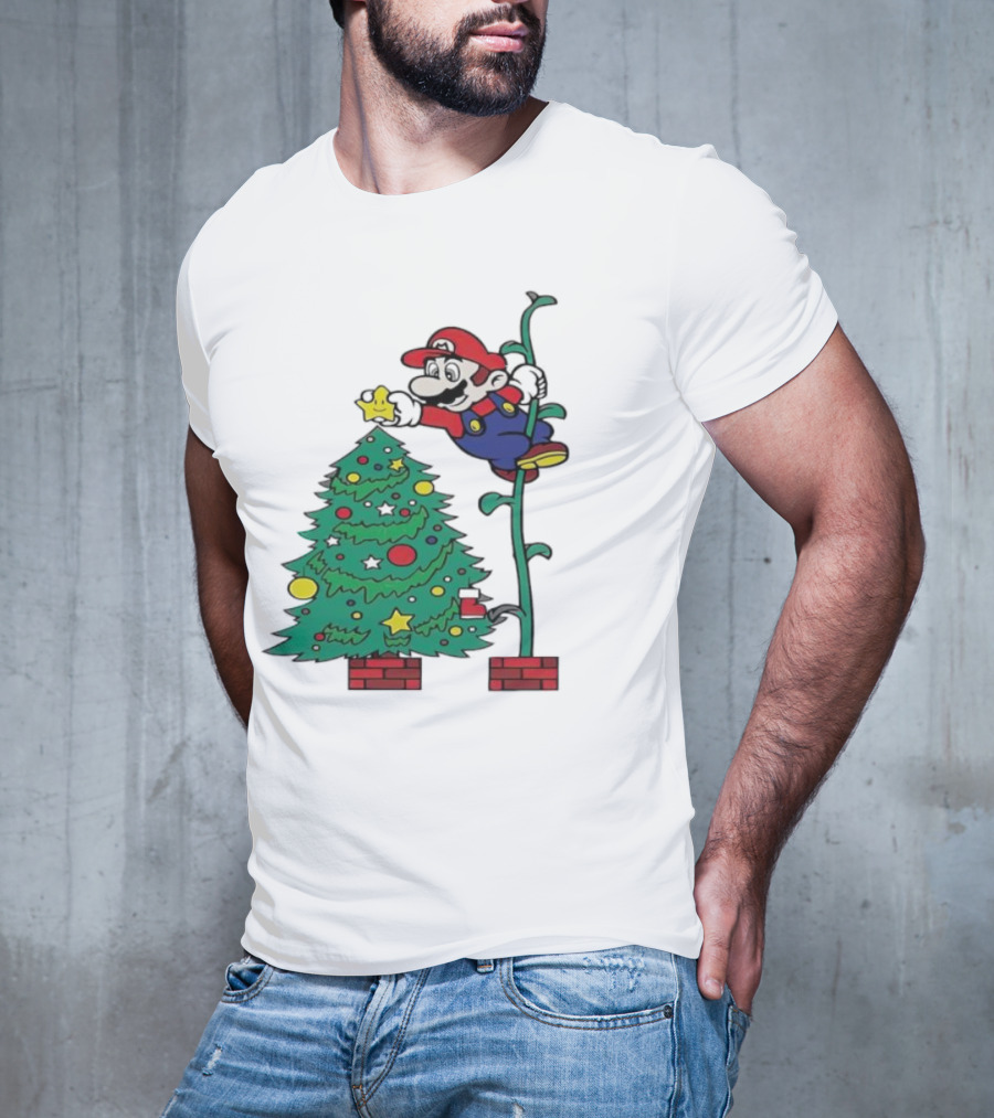 Super Mario Decorating Christmas Tree With Power-Up Star And Brick Blocks T-Shirt