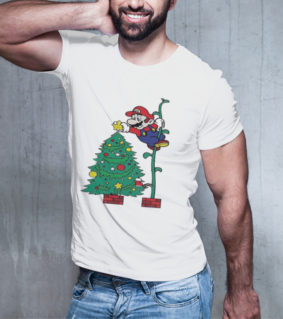 Super Mario Decorating Christmas Tree With Power-Up Star And Brick Blocks T-Shirt