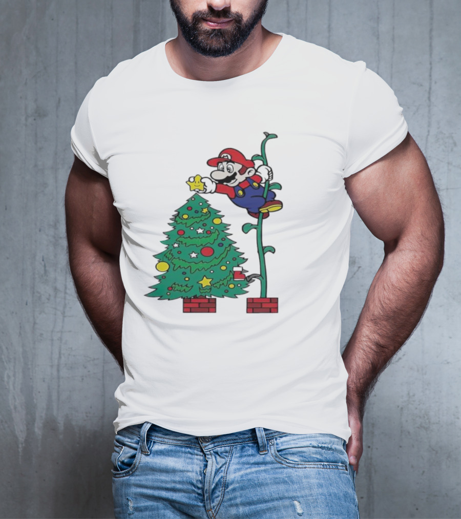 Super Mario Decorating Christmas Tree With Power-Up Star And Brick Blocks T-Shirt