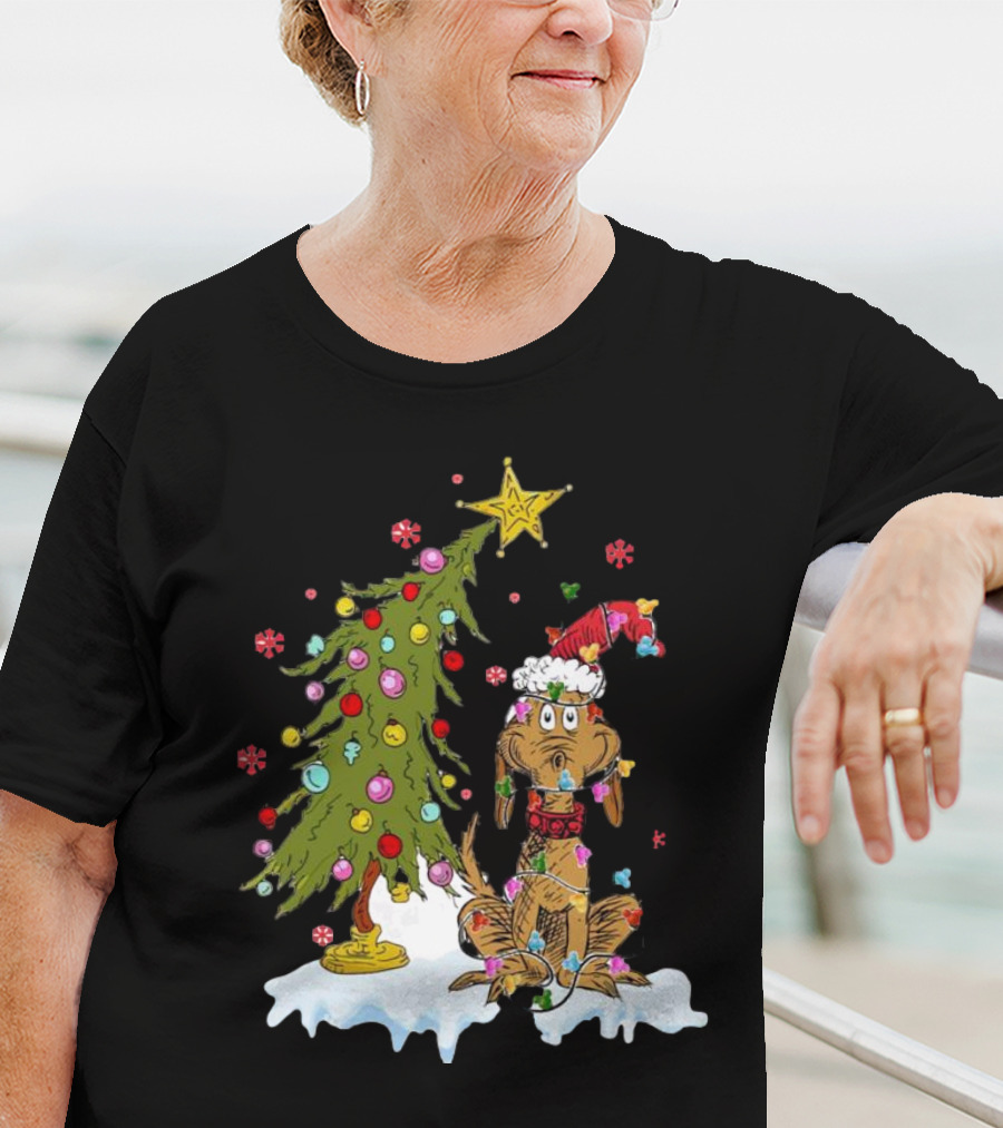Christmas Max Dog Wrapped In Lights With Grinch Tree Scene T-Shirt