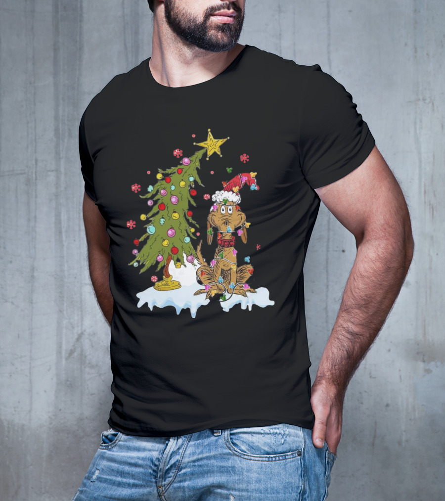 Christmas Max Dog Wrapped In Lights With Grinch Tree Scene T-Shirt
