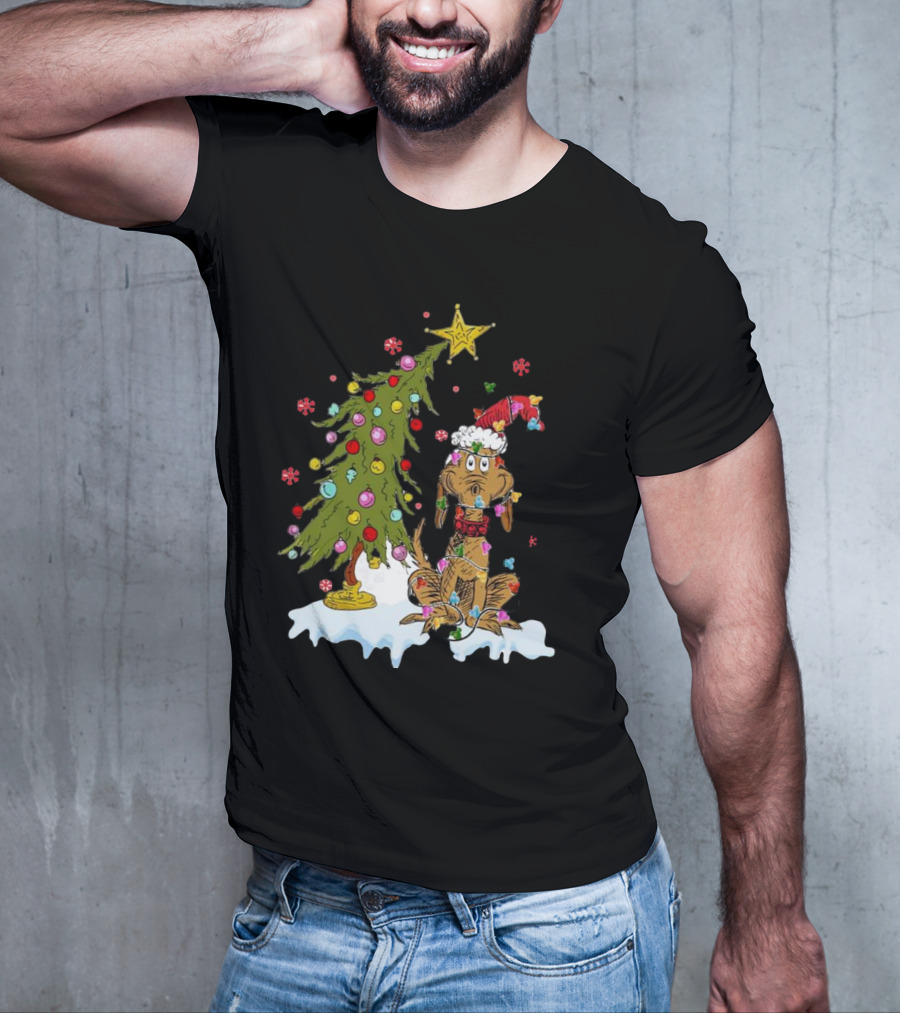 Christmas Max Dog Wrapped In Lights With Grinch Tree Scene T-Shirt