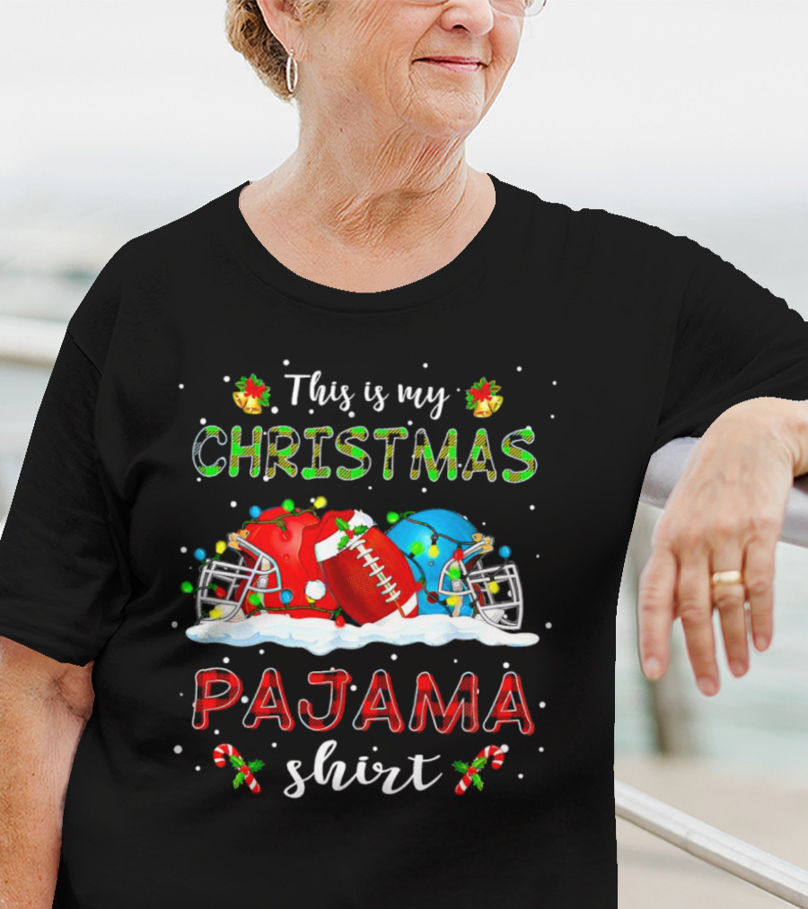 This Is My Christmas Pajama Shirt Football Helmets Candy Canes Snowflakes T-Shirt