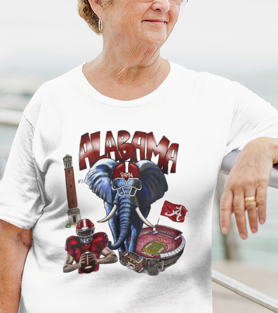 Alabama Crimson Tide Football Elephant Stadium Football Player Old Main Tower Bama T-Shirt