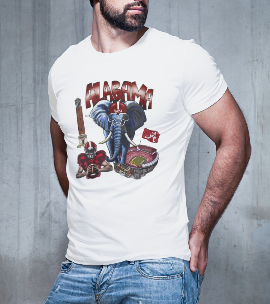 Alabama Crimson Tide Football Elephant Stadium Football Player Old Main Tower Bama T-Shirt