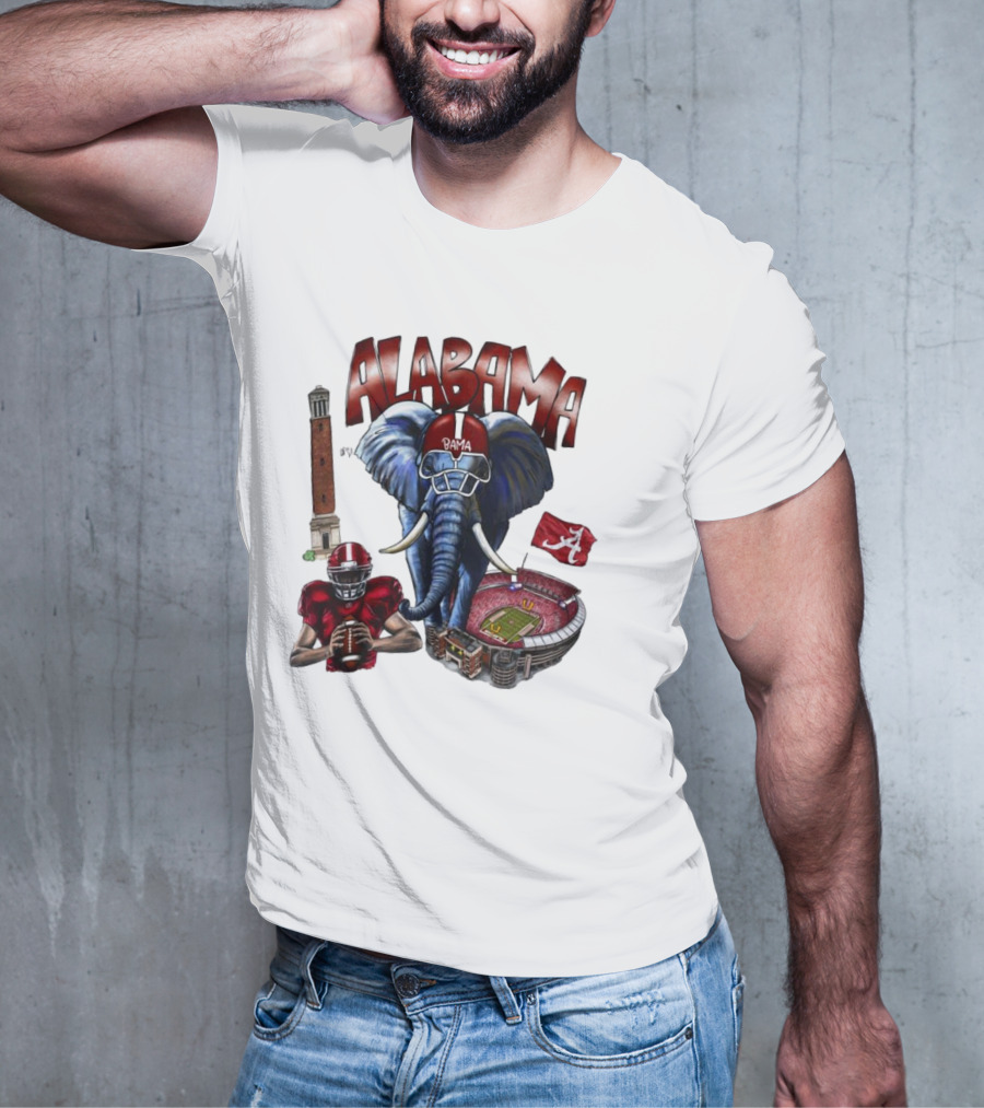 Alabama Crimson Tide Football Elephant Stadium Football Player Old Main Tower Bama T-Shirt
