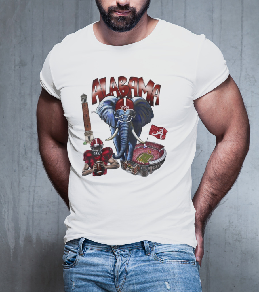 Alabama Crimson Tide Football Elephant Stadium Football Player Old Main Tower Bama T-Shirt