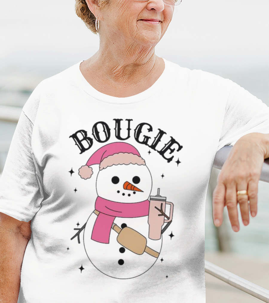 BOUGIE Snowman In Pink Hat And Scarf With Drink Cup T-Shirt