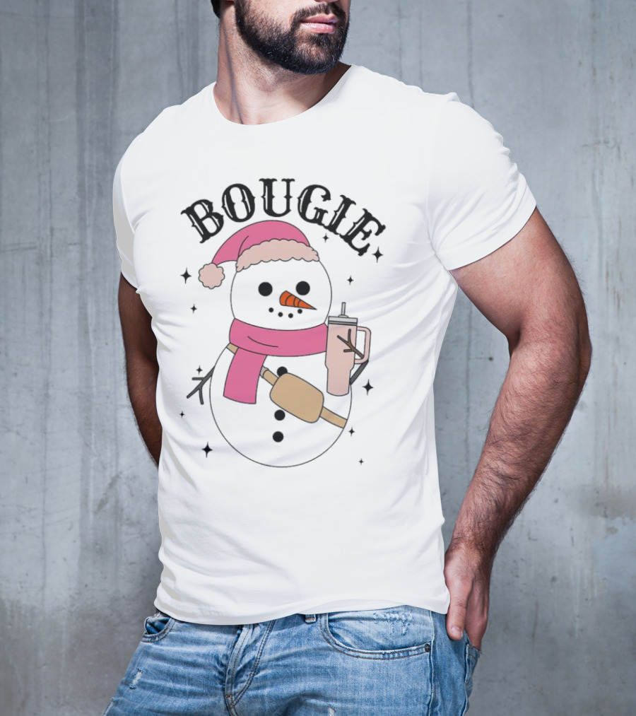BOUGIE Snowman In Pink Hat And Scarf With Drink Cup T-Shirt