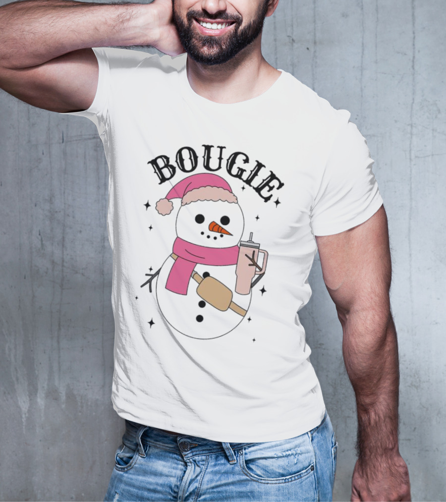 BOUGIE Snowman In Pink Hat And Scarf With Drink Cup T-Shirt