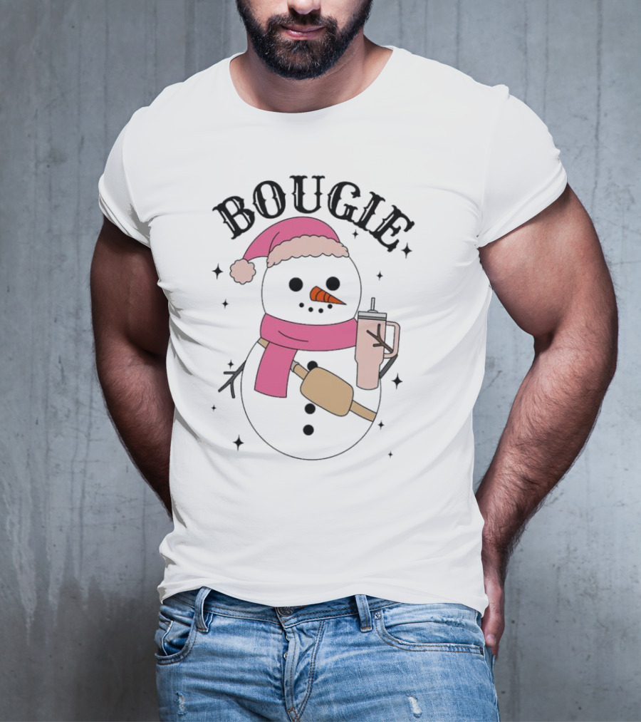 BOUGIE Snowman In Pink Hat And Scarf With Drink Cup T-Shirt