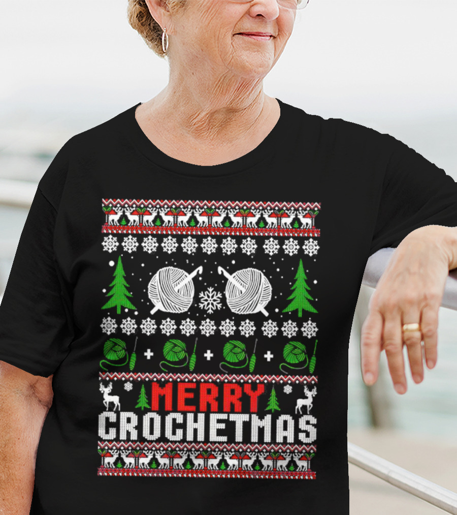 Merry Crochetmas Christmas Yarn Balls Snowflakes Trees Reindeer T-Shirt