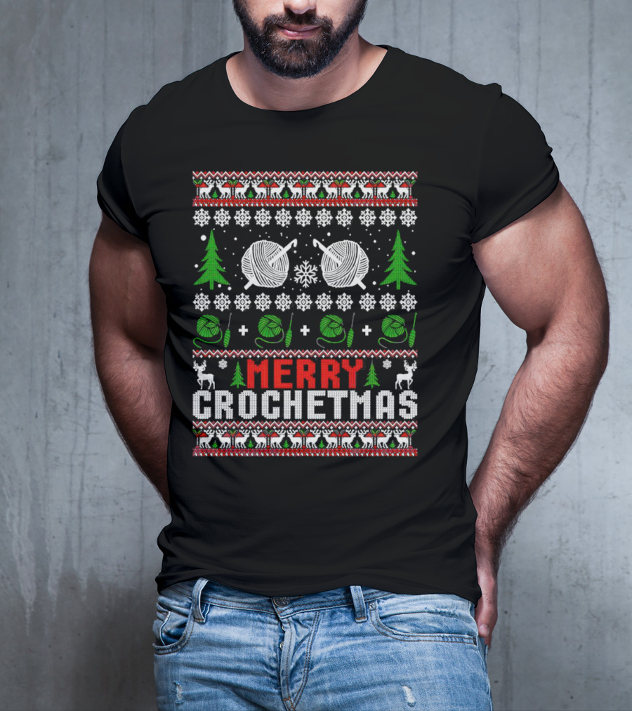 Merry Crochetmas Christmas Yarn Balls Snowflakes Trees Reindeer T-Shirt