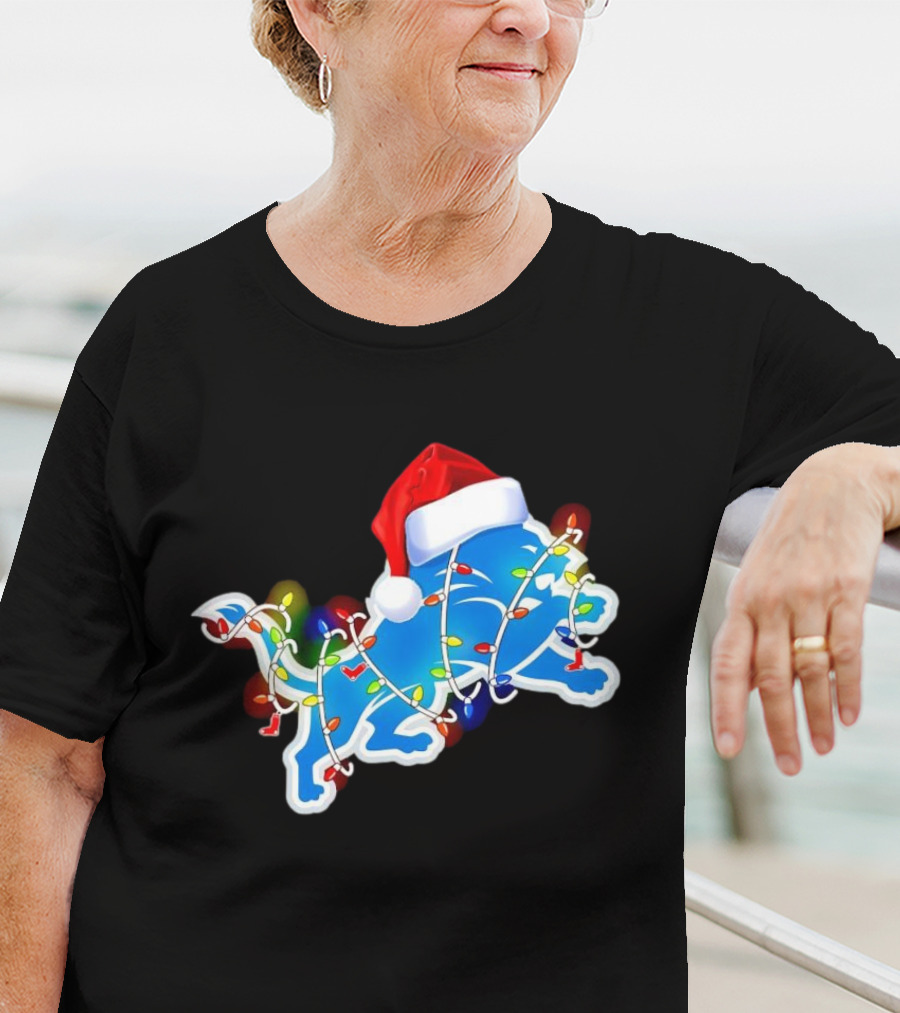 Detroit Lions Christmas Lights Santa Hat Holiday Football T-Shirt