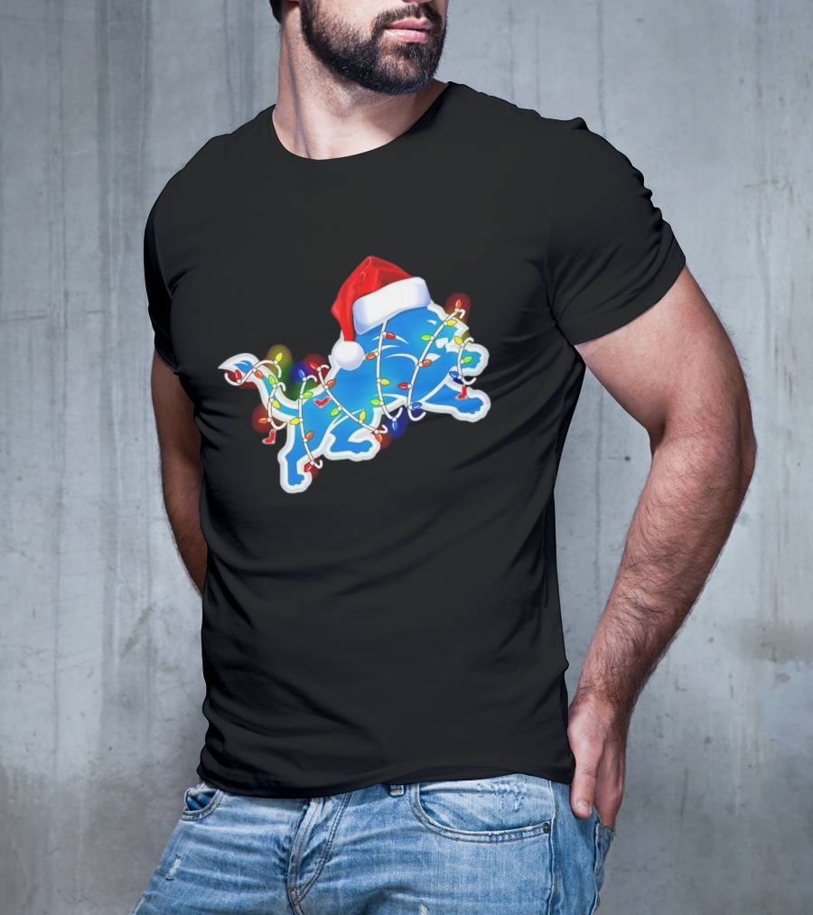 Detroit Lions Christmas Lights Santa Hat Holiday Football T-Shirt