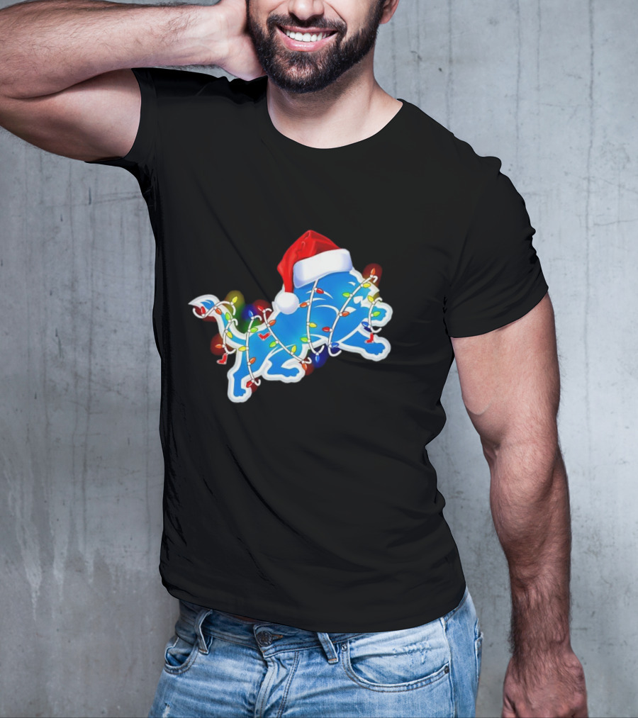 Detroit Lions Christmas Lights Santa Hat Holiday Football T-Shirt