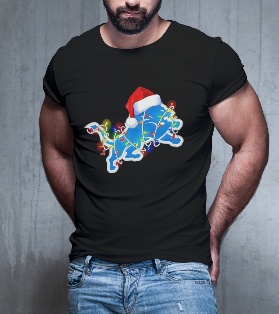 Detroit Lions Christmas Lights Santa Hat Holiday Football T-Shirt