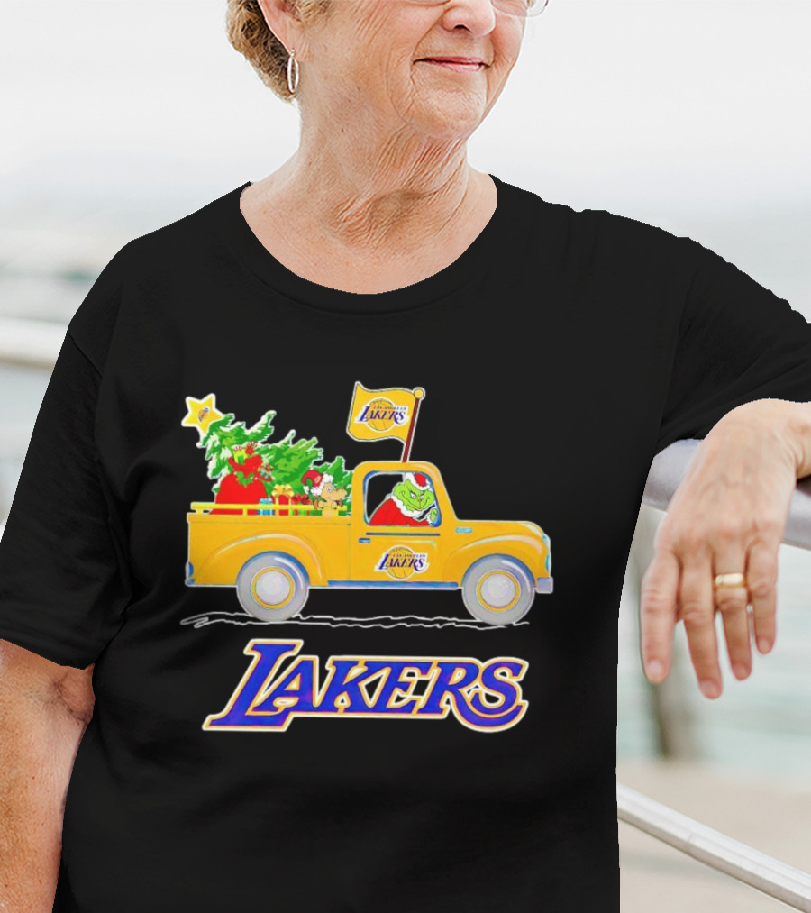 Grinch Driving Los Angeles Lakers Truck With Christmas Tree T-Shirt