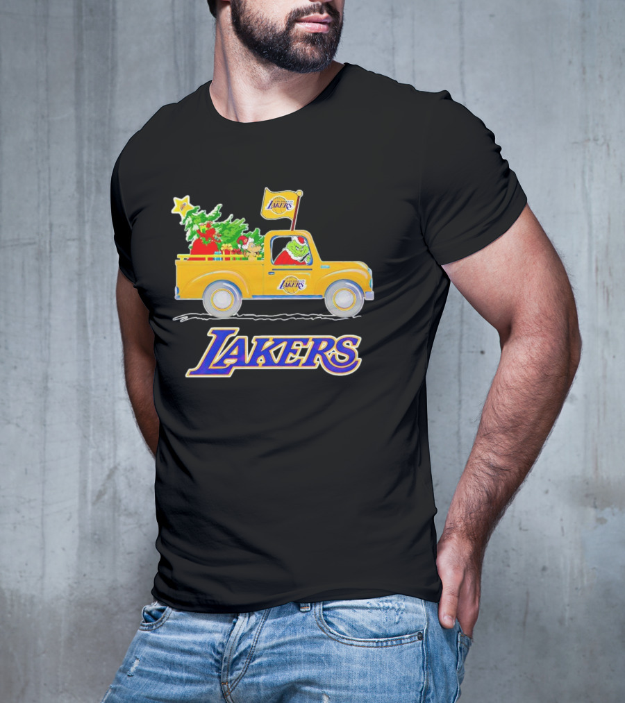 Grinch Driving Los Angeles Lakers Truck With Christmas Tree T-Shirt