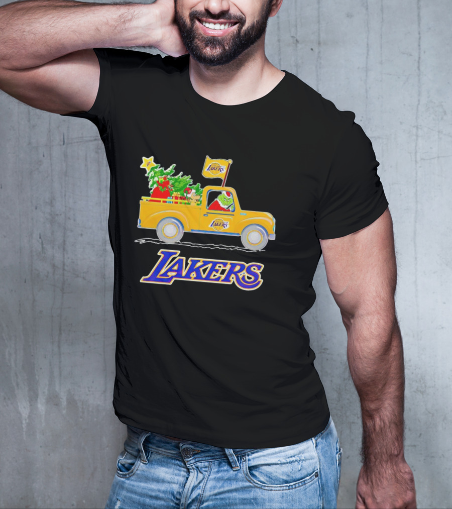 Grinch Driving Los Angeles Lakers Truck With Christmas Tree T-Shirt