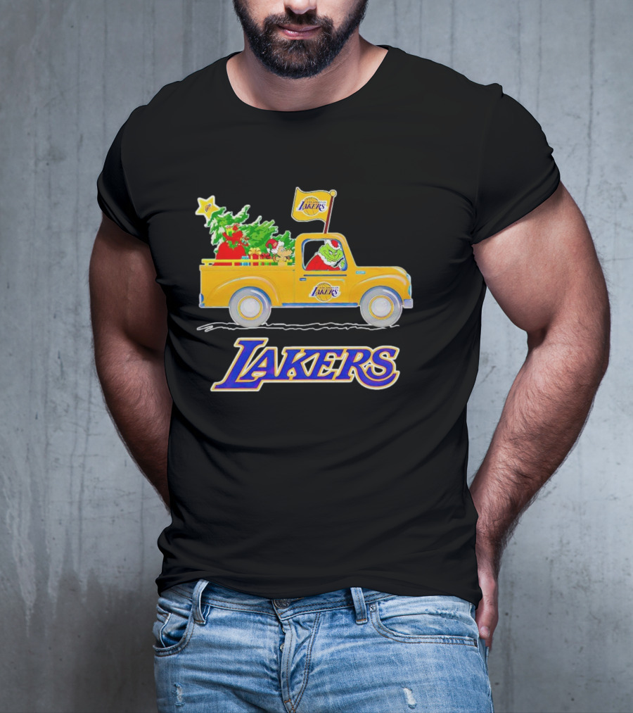 Grinch Driving Los Angeles Lakers Truck With Christmas Tree T-Shirt
